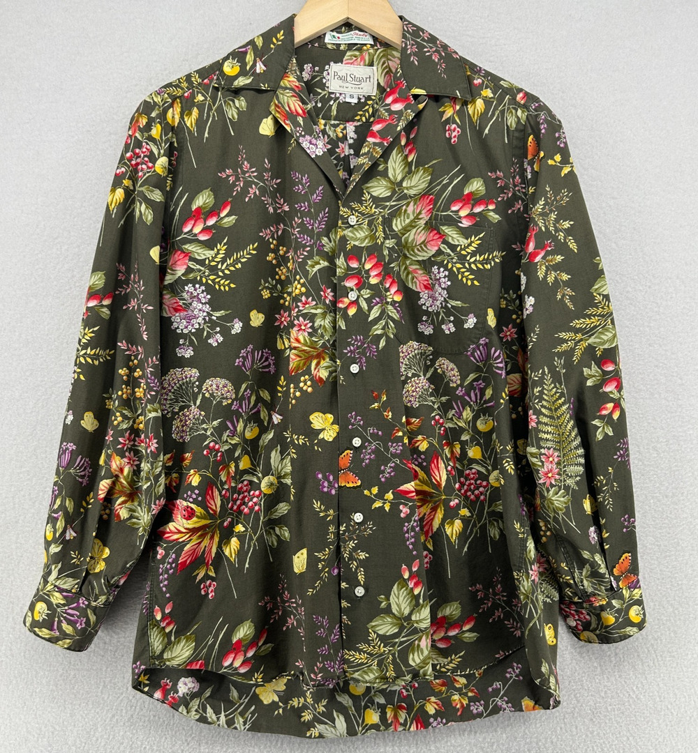 PAUL STUART Shirt Mens S Floral Button Up Long Sleeve Woven Cotton Brown USA